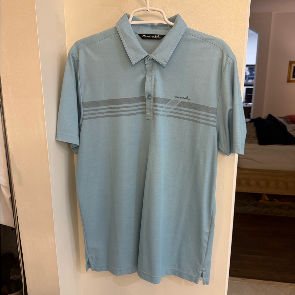 Travis Mathew Light Blue Polo Shirt with Gray Stripes